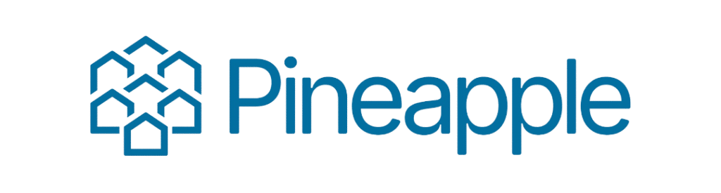 Blue Pineapple logo: geometric hexagon-house cluster to the left of the word Pineapple in a modern sans-serif font.